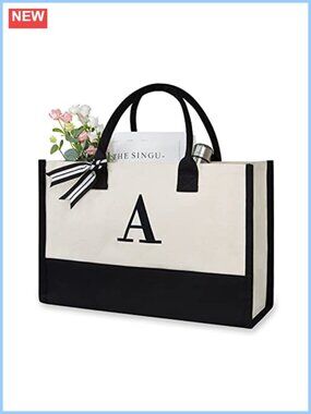 Personalized Initial Canvas Beach Tote Bag Monogrammed Gift for Women